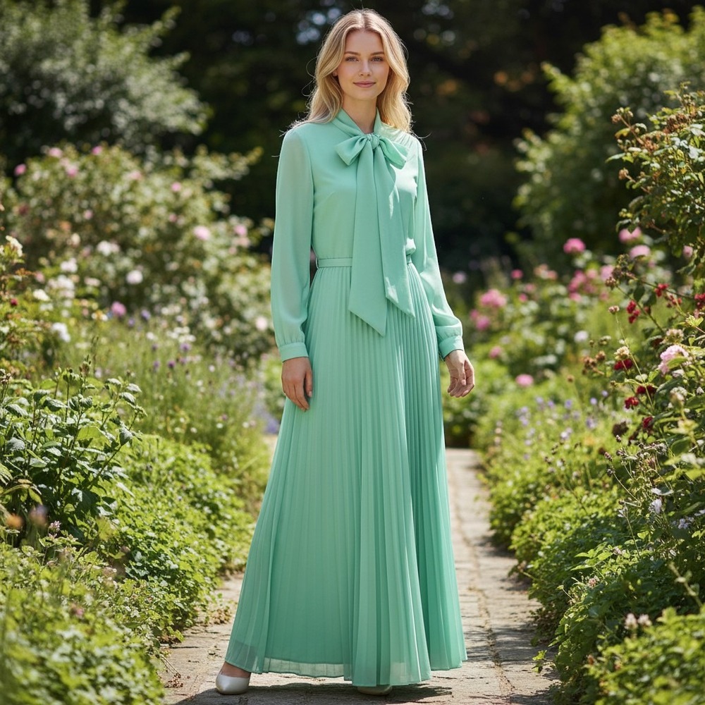 Vintage 70s Semi Sheer Long Sleeve Pleated Skirt Maxi Neck Bow Tie Dress Green